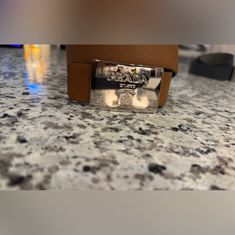 Prada Men's Tan Saffiano Leather Belt with Silver Buckle - Picture 2 of 5
